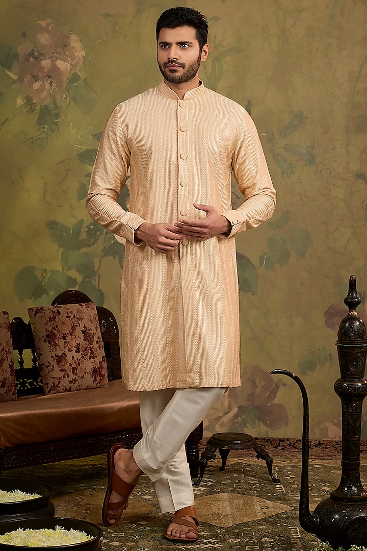 Beige Soft Silk Embroidered Kurta Set by Vanshik at Pernia's Pop Up Shop