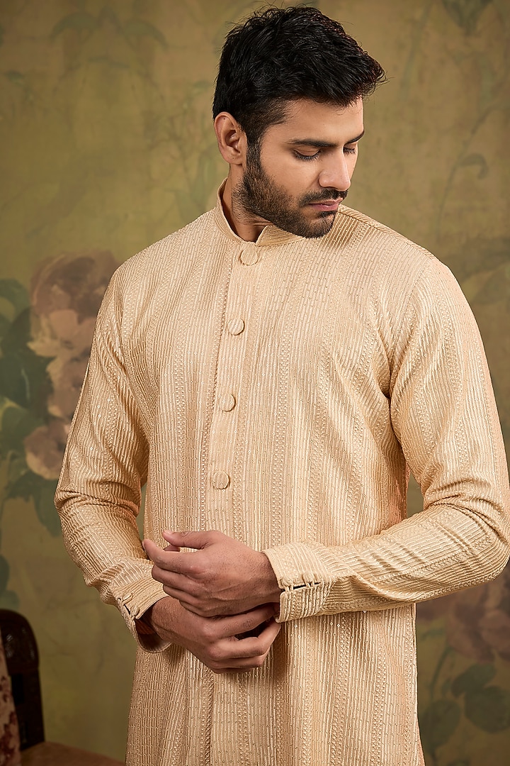 Beige Soft Silk Embroidered Kurta Set by Vanshik at Pernia's Pop Up Shop