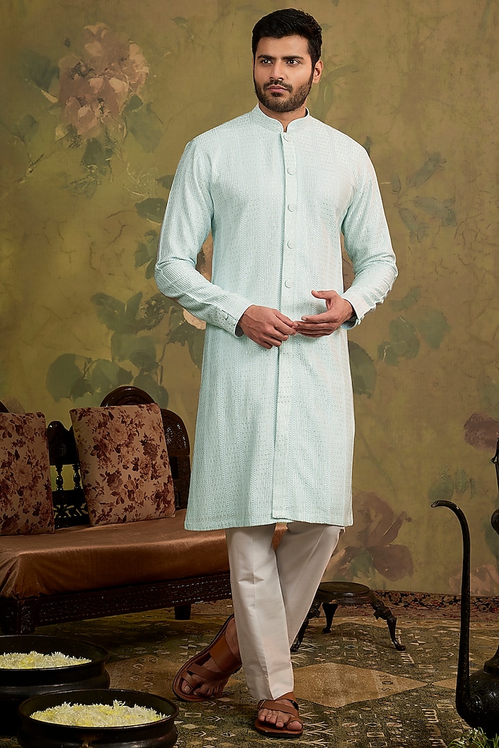 Aqua Soft Silk Embroidered Kurta Set by Vanshik at Pernia's Pop Up Shop