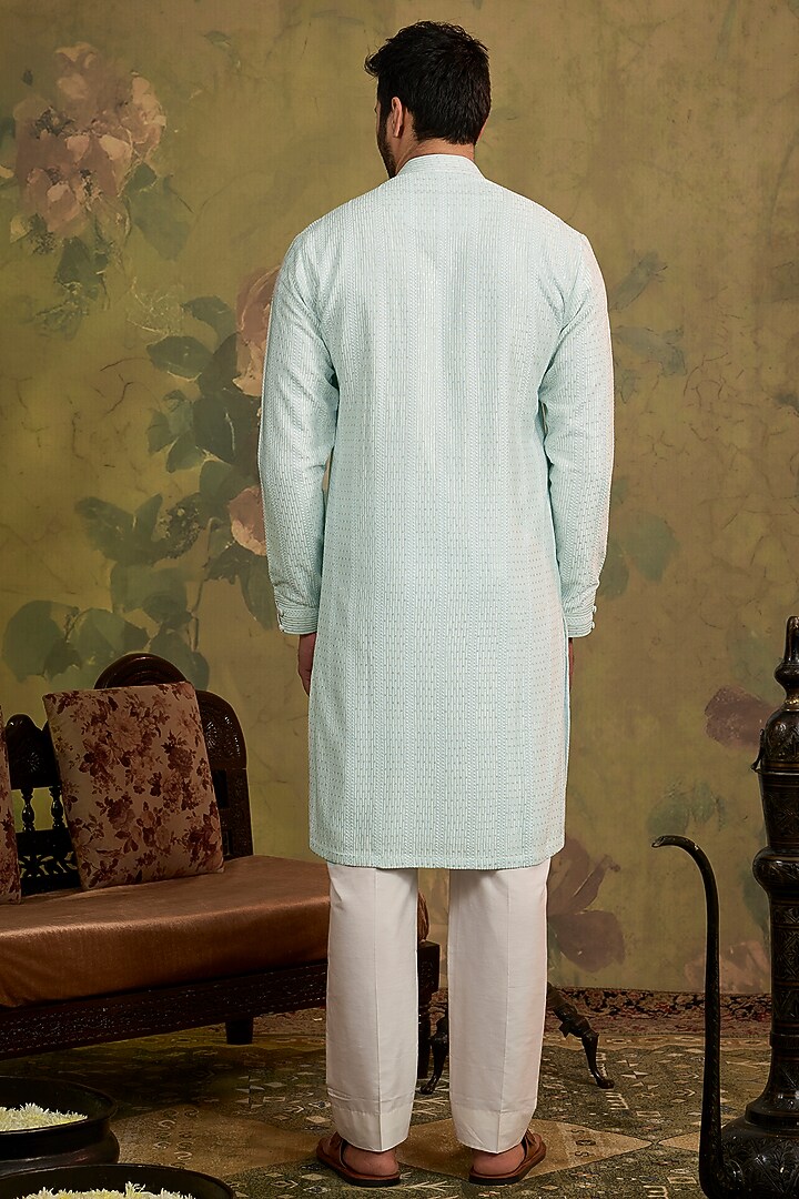 Aqua Soft Silk Embroidered Kurta Set by Vanshik at Pernia's Pop Up Shop