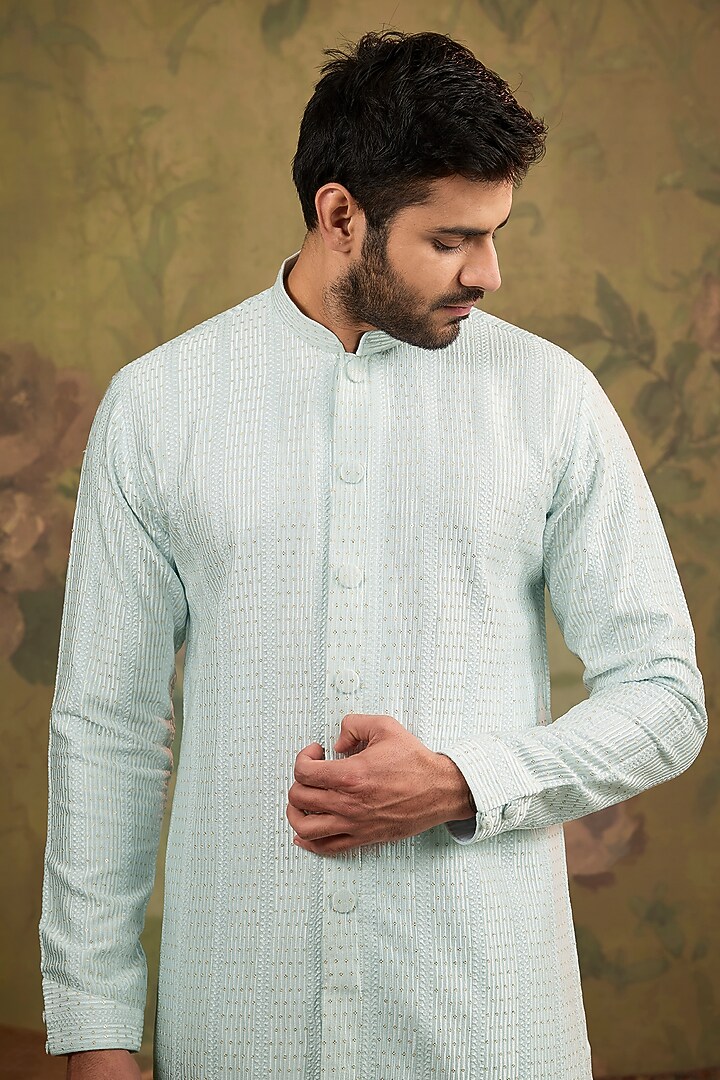 Aqua Soft Silk Embroidered Kurta Set by Vanshik at Pernia's Pop Up Shop