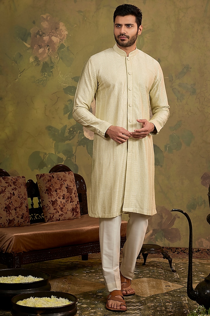 Mint Soft Silk Embroidered Kurta Set by Vanshik