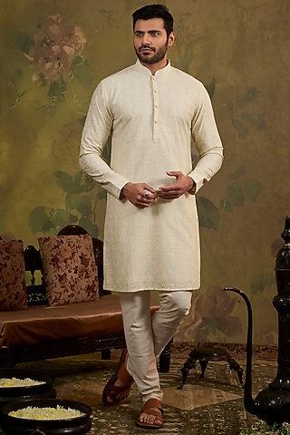 Pearl-Colored Soft Silk Embroidered Kurta Set by Vanshik