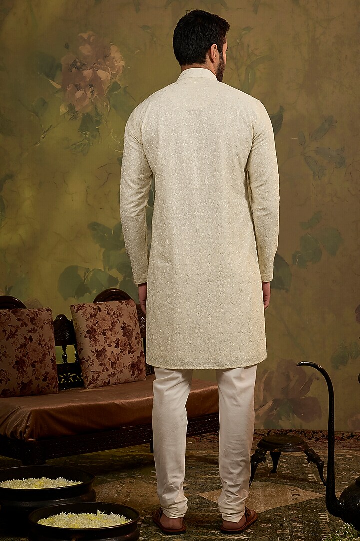 Pearl-Colored Soft Silk Embroidered Kurta Set by Vanshik at Pernia's Pop Up Shop