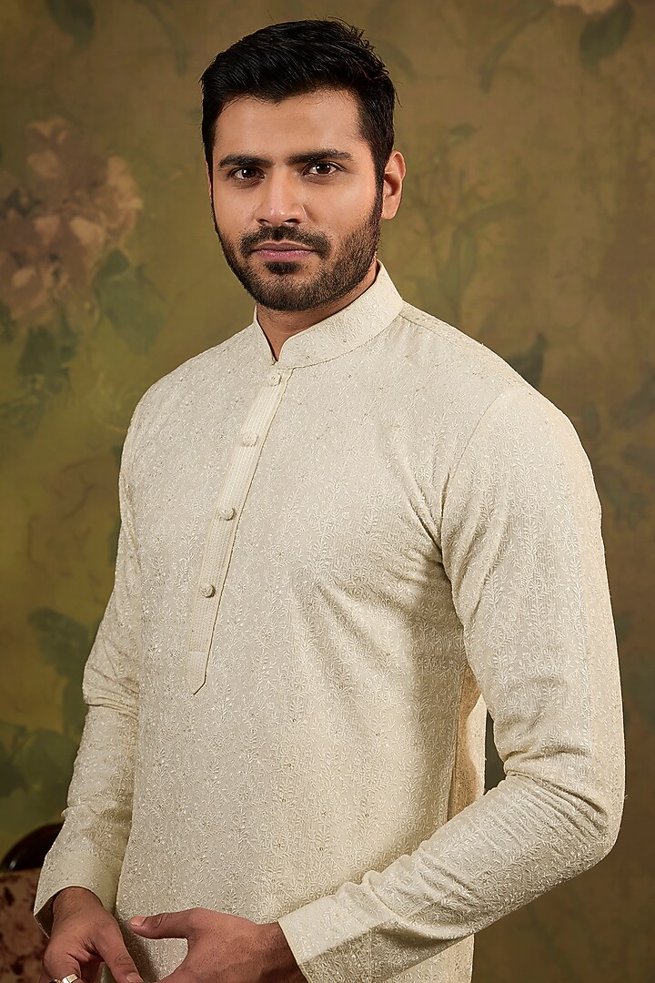 Pearl-Colored Soft Silk Embroidered Kurta Set by Vanshik at Pernia's Pop Up Shop