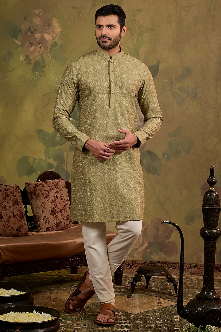 Olive Soft Silk Embroidered Kurta Set by Vanshik at Pernia's Pop Up Shop