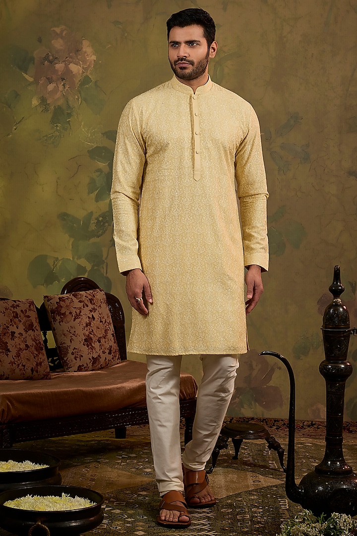 Yellow Soft Silk Embroidered Kurta Set by Vanshik at Pernia's Pop Up Shop