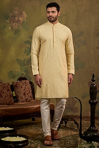 Yellow Soft Silk Embroidered Kurta Set by Vanshik
