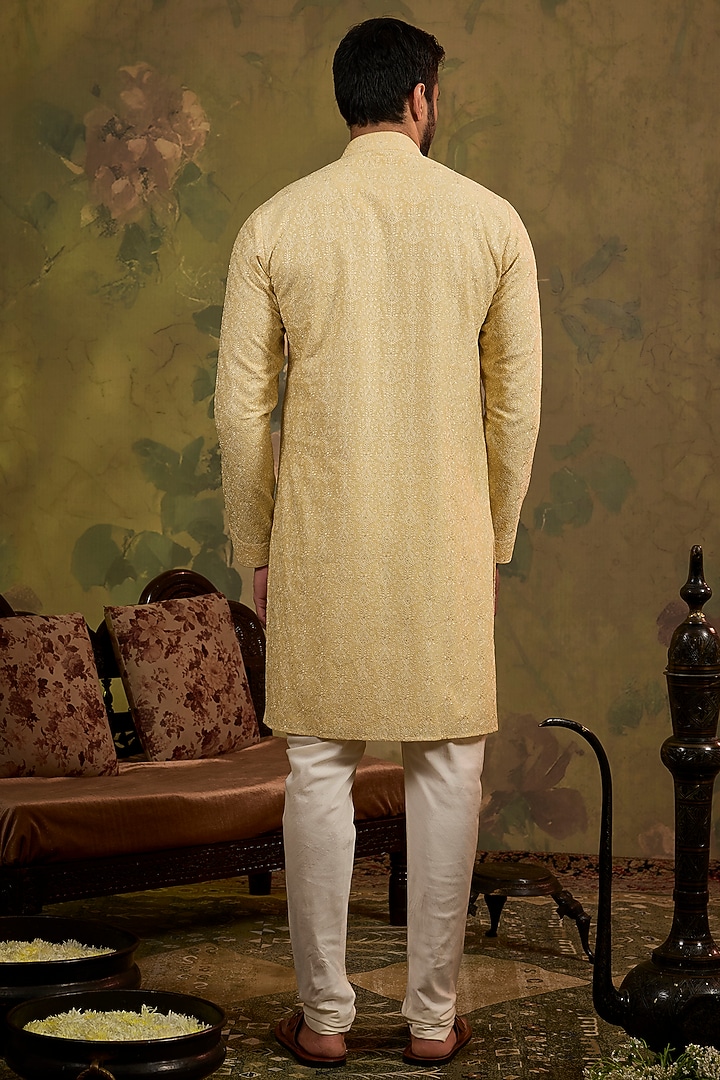 Yellow Soft Silk Embroidered Kurta Set by Vanshik at Pernia's Pop Up Shop