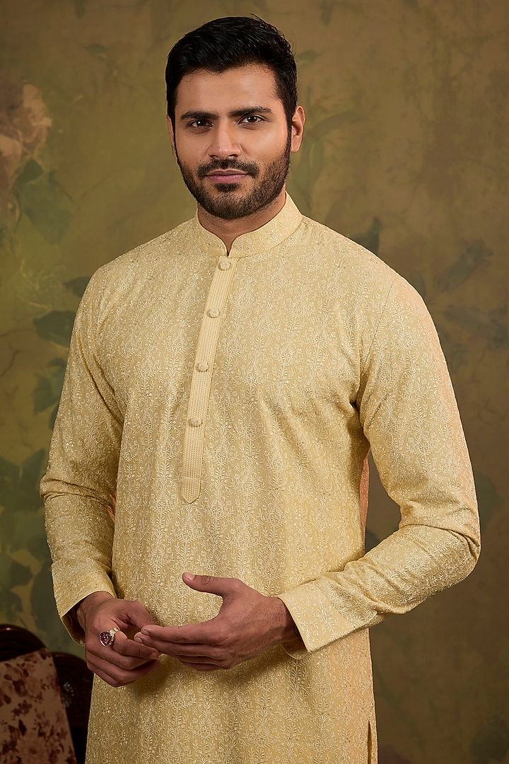 Yellow Soft Silk Embroidered Kurta Set by Vanshik at Pernia's Pop Up Shop