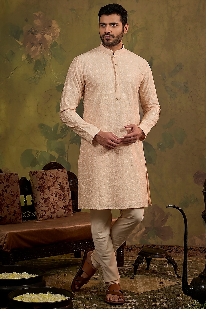 Blush Soft Silk Embroidered Kurta Set by Vanshik at Pernia's Pop Up Shop