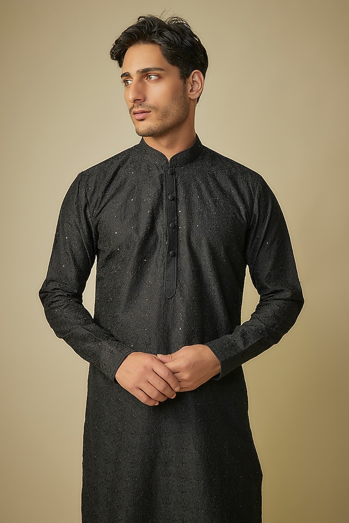Black Silk Kurta Set by Vanshik at Pernia's Pop Up Shop