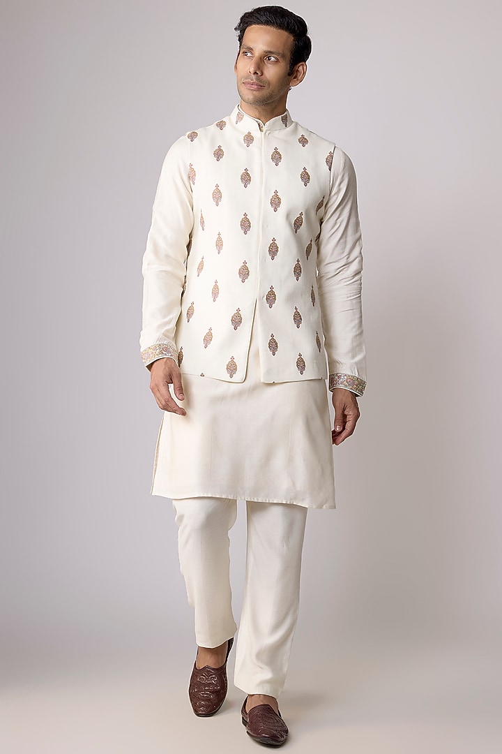 Cream Silk Nehru Jacket Set by Vanshik at Pernia's Pop Up Shop