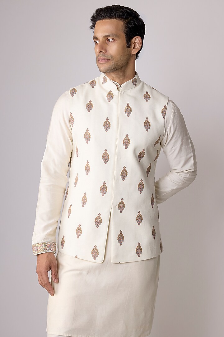 Cream Silk Nehru Jacket Set by Vanshik at Pernia's Pop Up Shop