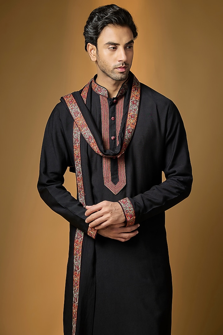 Black Silk Kurta Set by Vanshik at Pernia's Pop Up Shop