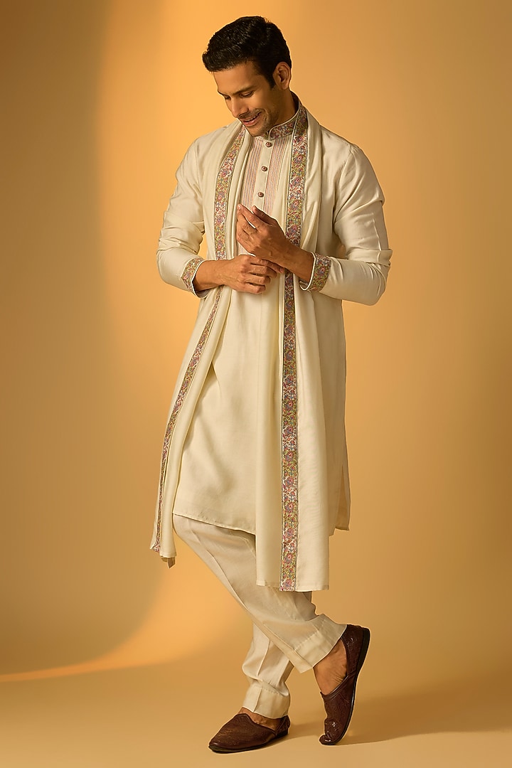 Cream Silk Kurta Set by Vanshik at Pernia's Pop Up Shop
