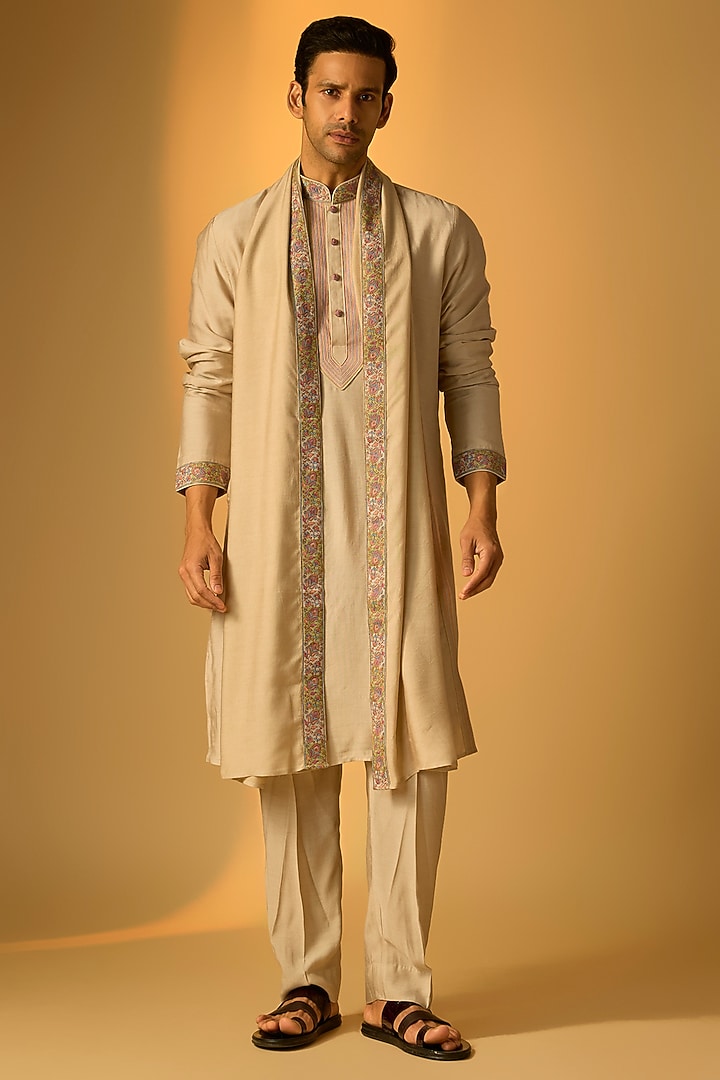 Beige Silk Kurta Set by Vanshik at Pernia's Pop Up Shop