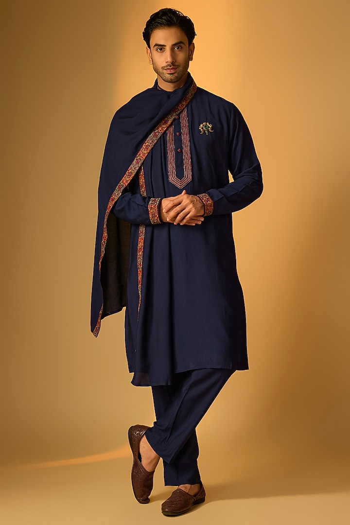 Blue Silk Kurta Set by Vanshik at Pernia's Pop Up Shop