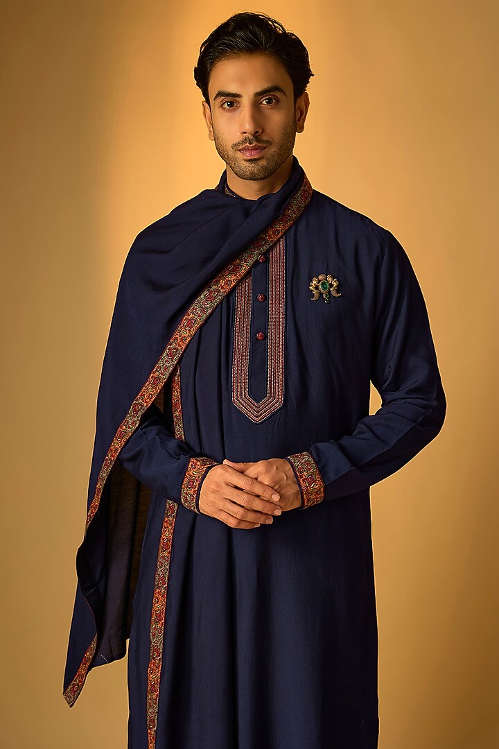 Blue Silk Kurta Set by Vanshik at Pernia's Pop Up Shop