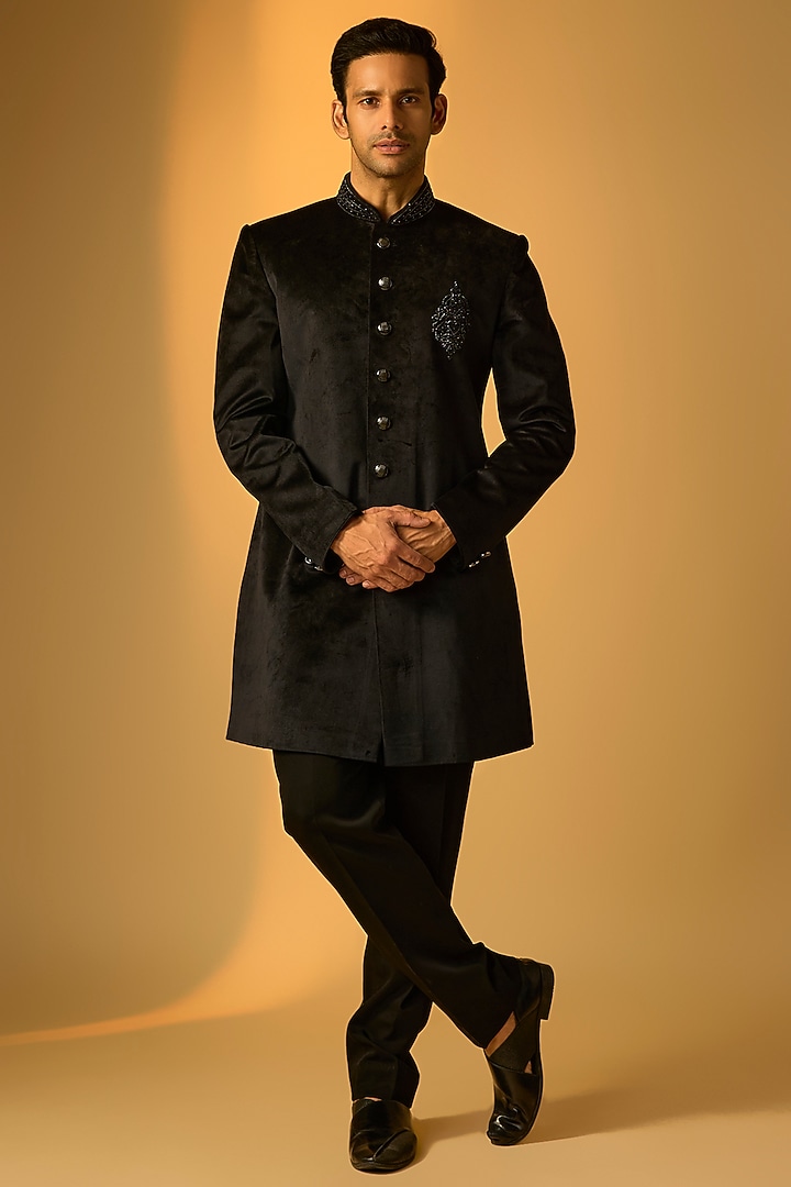 Black Silk Indo-Western Set by Vanshik at Pernia's Pop Up Shop