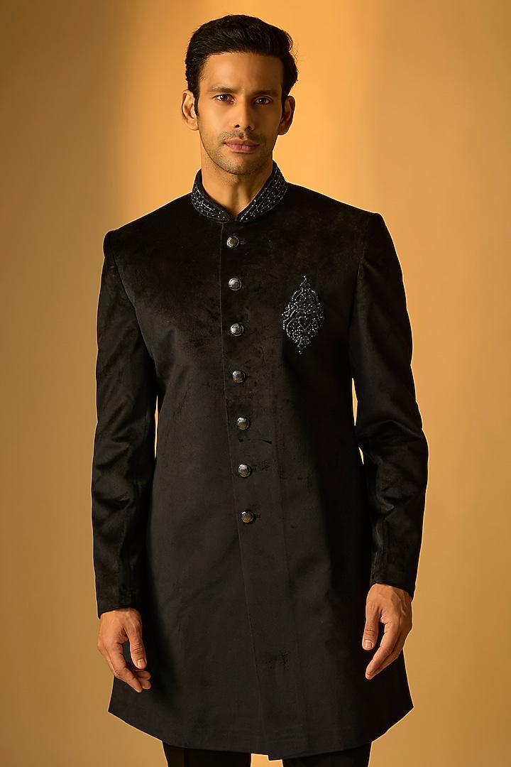 Black Silk Indo-Western Set by Vanshik at Pernia's Pop Up Shop