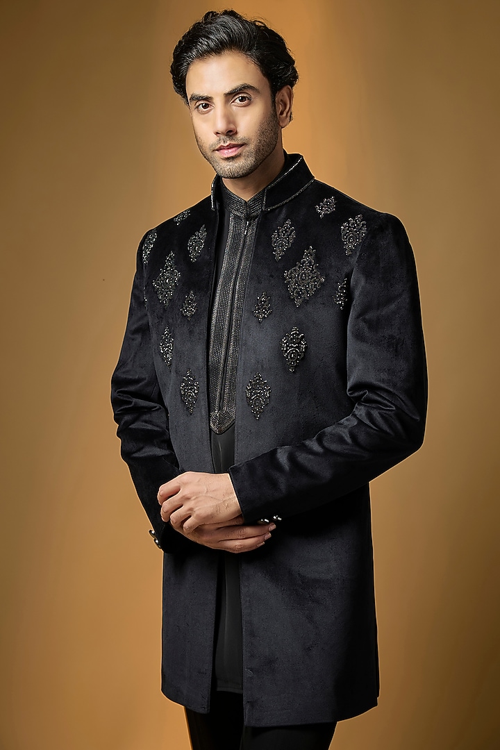 Black Velvet Wedding Indowestern Set by Vanshik at Pernia's Pop Up Shop