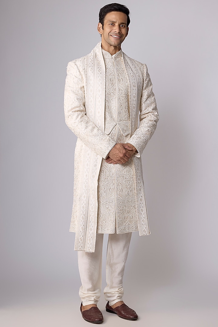 Ivory Silk Groom Sherwani Set by Vanshik at Pernia's Pop Up Shop