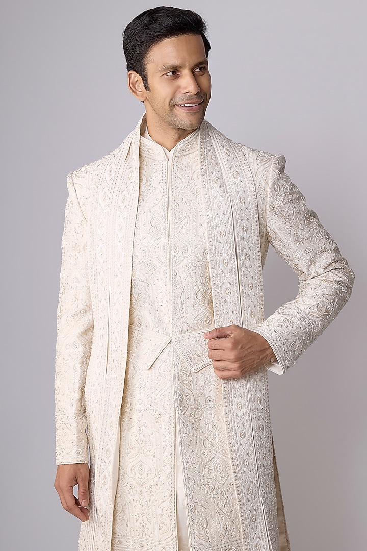 Ivory Silk Groom Sherwani Set by Vanshik at Pernia's Pop Up Shop