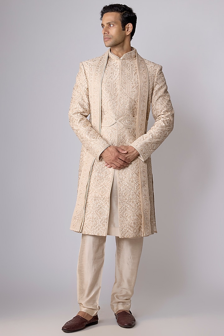 Gold Silk Groom Sherwani Set by Vanshik at Pernia's Pop Up Shop