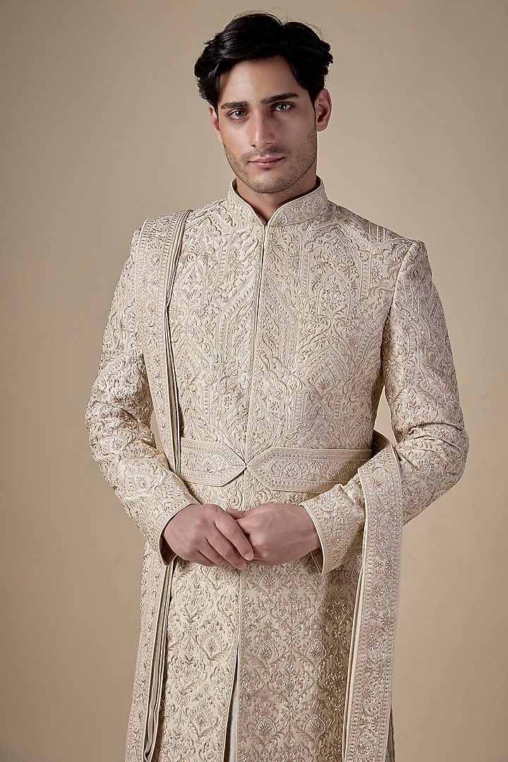 Gold Silk Groom Sherwani Set by Vanshik at Pernia's Pop Up Shop