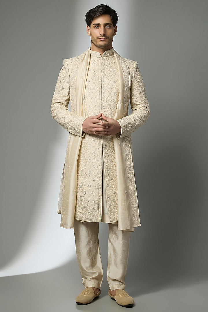 Gold Silk Groom Sherwani Set by Vanshik at Pernia's Pop Up Shop