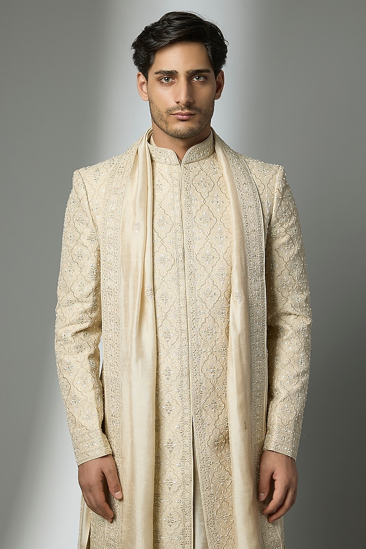 Gold Silk Groom Sherwani Set by Vanshik at Pernia's Pop Up Shop