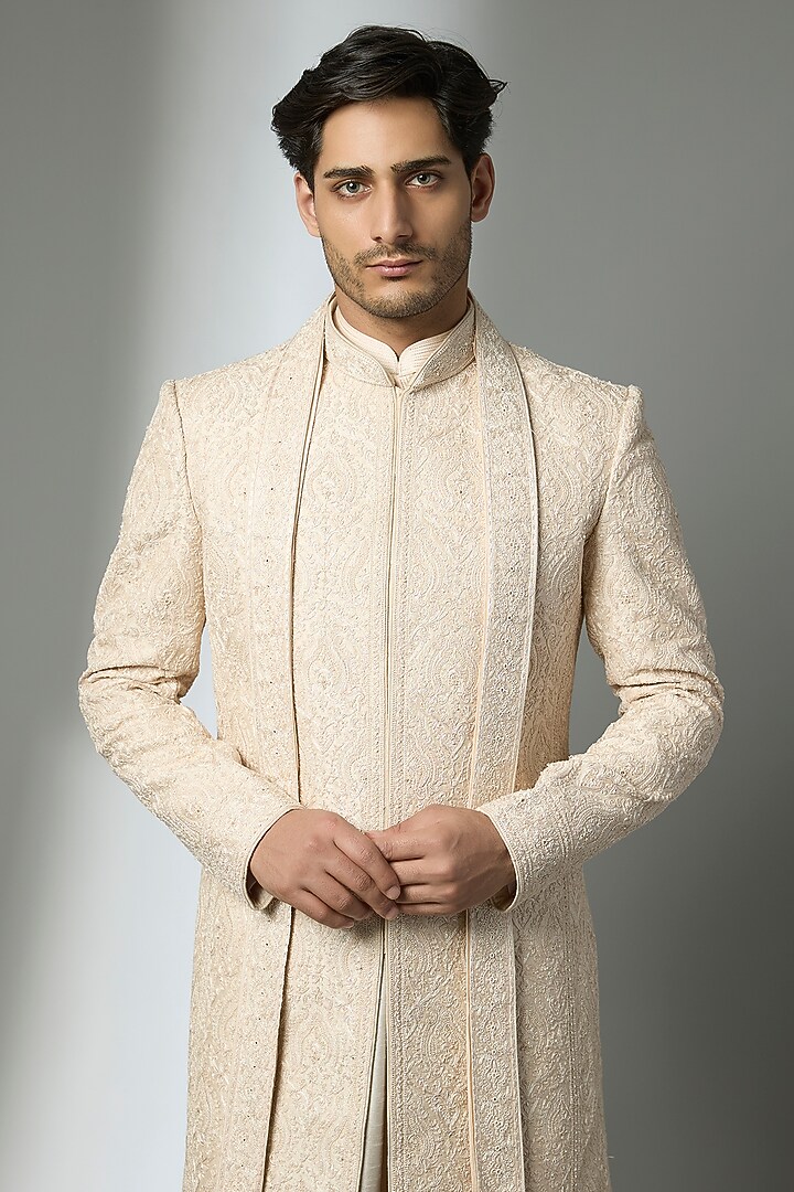 Blush Pink Silk Groom Sherwani Set by Vanshik at Pernia's Pop Up Shop