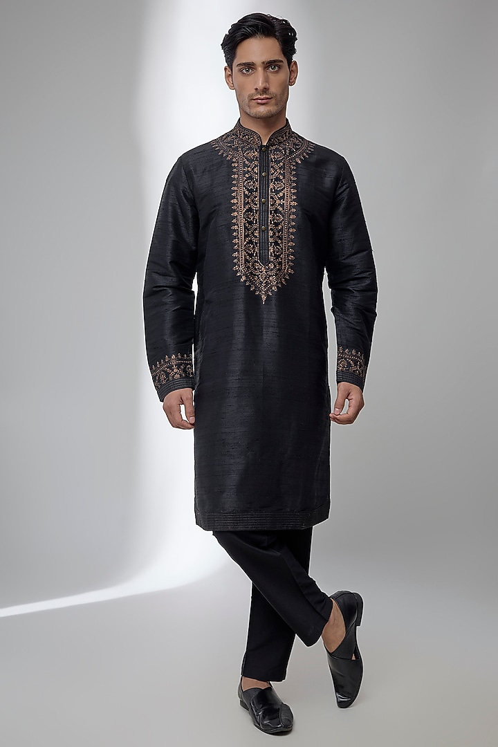 Black Silk Kurta Set by Vanshik at Pernia's Pop Up Shop