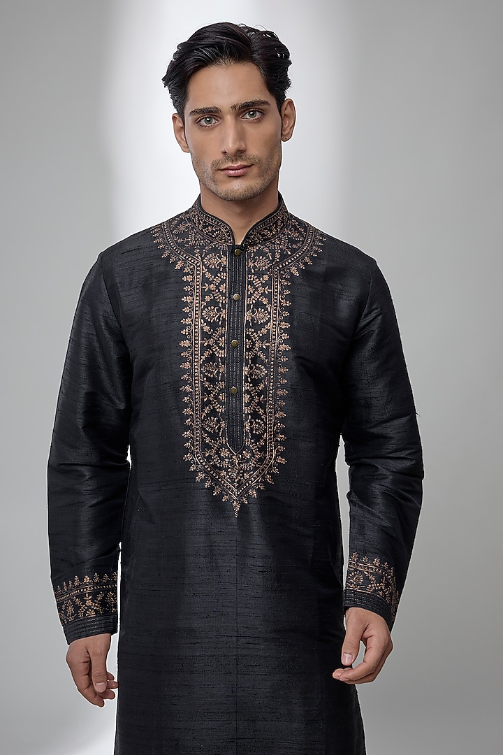 Black Silk Kurta Set by Vanshik at Pernia's Pop Up Shop