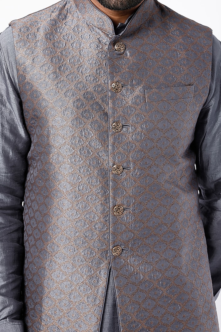 Grey Nehru Jacket Set by Vanshik at Pernia's Pop Up Shop