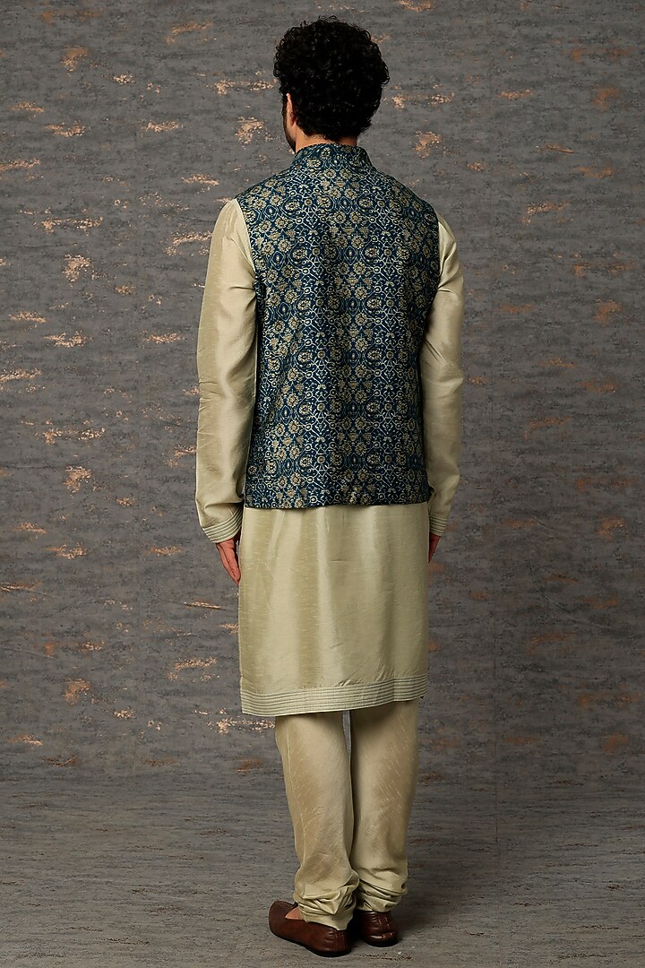 Navy Blue Silk Printed Nehru Jacket Set by Vanshik at Pernia's Pop Up Shop
