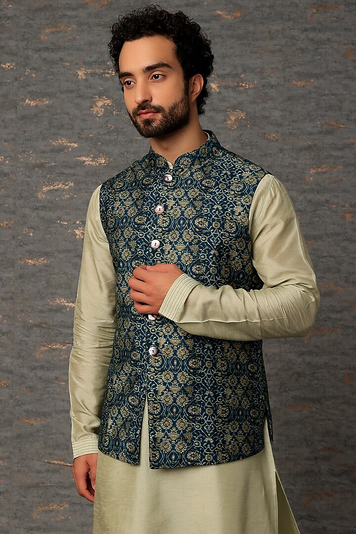 Navy Blue Silk Printed Nehru Jacket Set by Vanshik at Pernia's Pop Up Shop