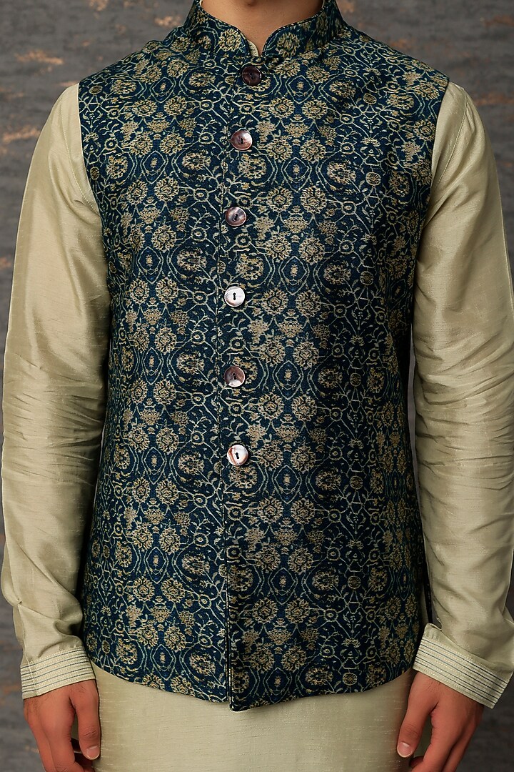 Navy Blue Silk Printed Nehru Jacket Set by Vanshik at Pernia's Pop Up Shop