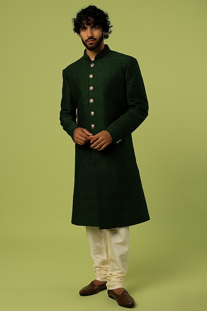 Green Raw Silk Sherwani Set by Vanshik