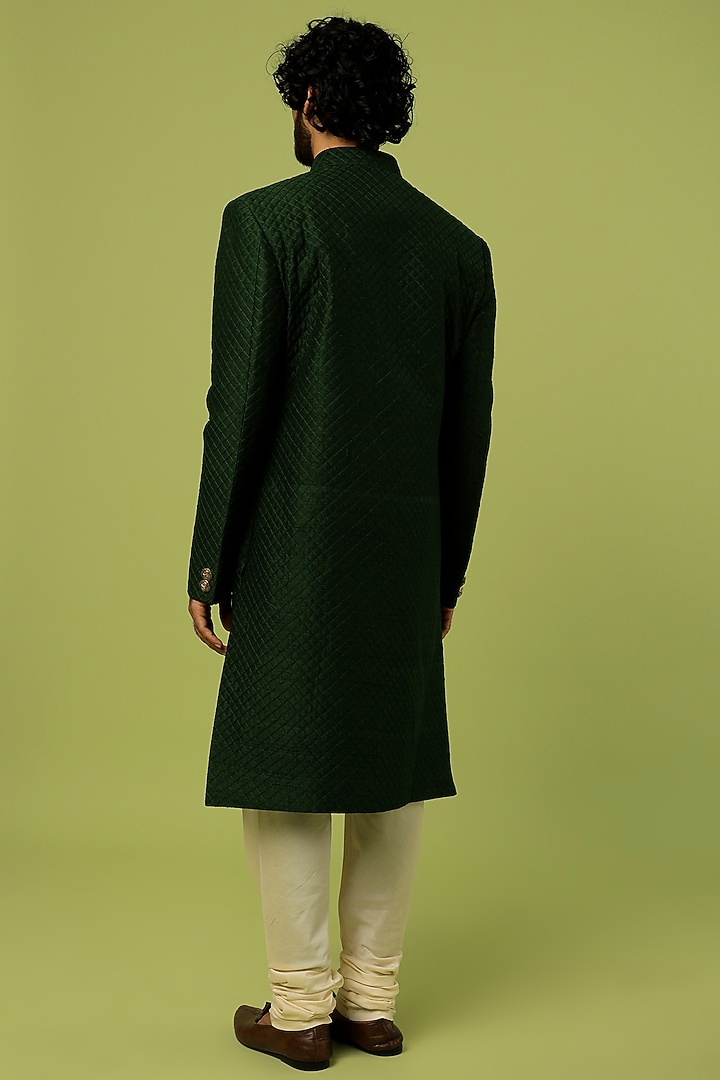Green Raw Silk Quilted Wedding Sherwani Set by Vanshik at Pernia's Pop Up Shop