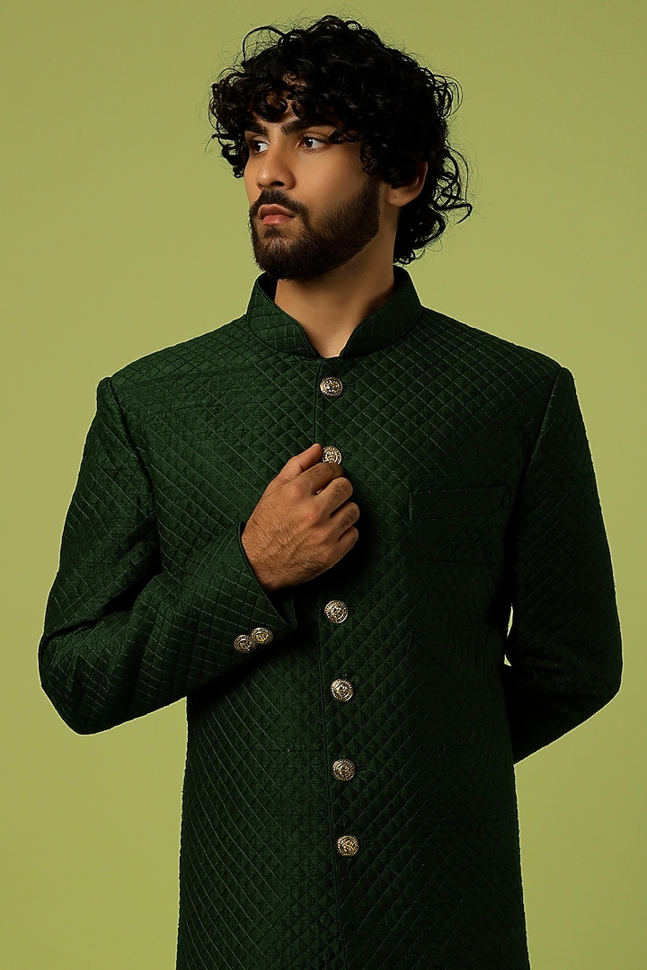 Green Raw Silk Quilted Wedding Sherwani Set by Vanshik at Pernia's Pop Up Shop