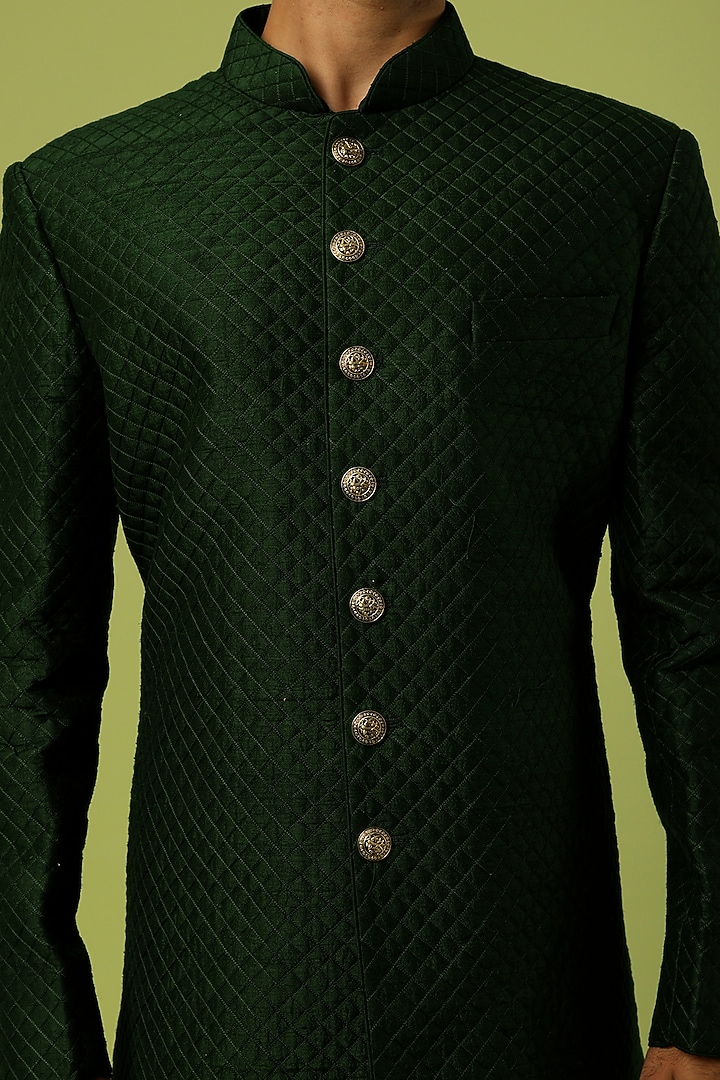 Green Raw Silk Quilted Wedding Sherwani Set by Vanshik at Pernia's Pop Up Shop