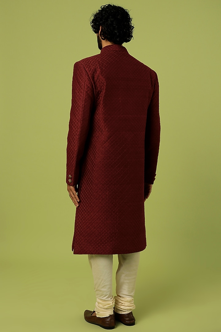 Wine Raw Silk Quilted Wedding Sherwani Set by Vanshik at Pernia's Pop Up Shop