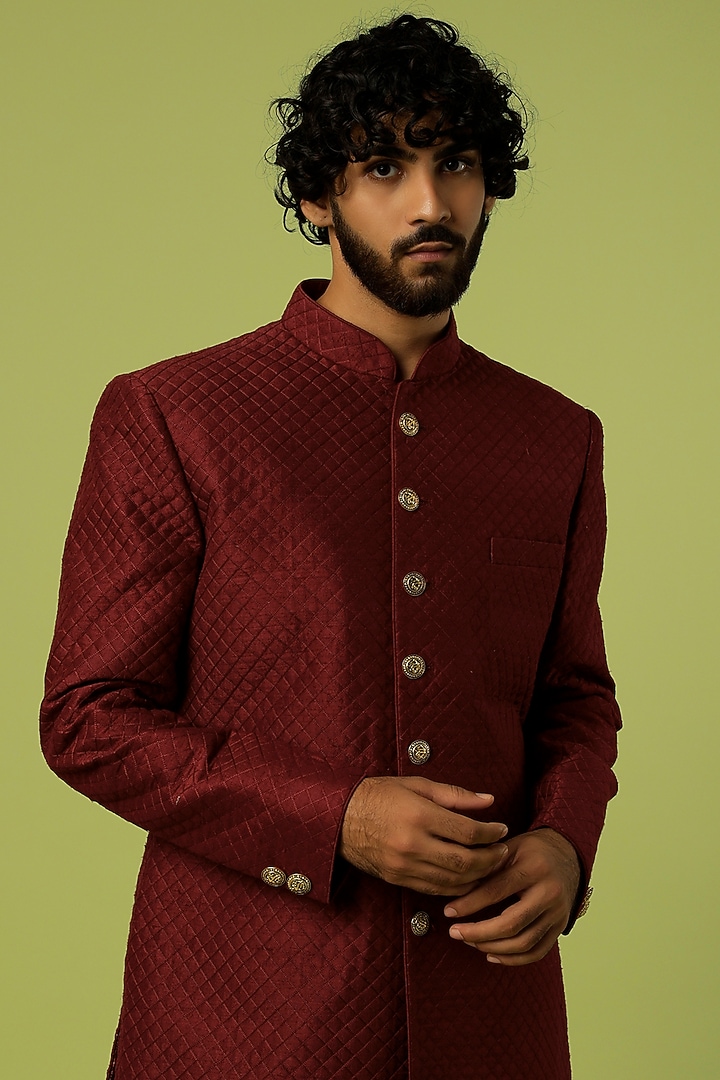 Wine Raw Silk Quilted Wedding Sherwani Set by Vanshik at Pernia's Pop Up Shop