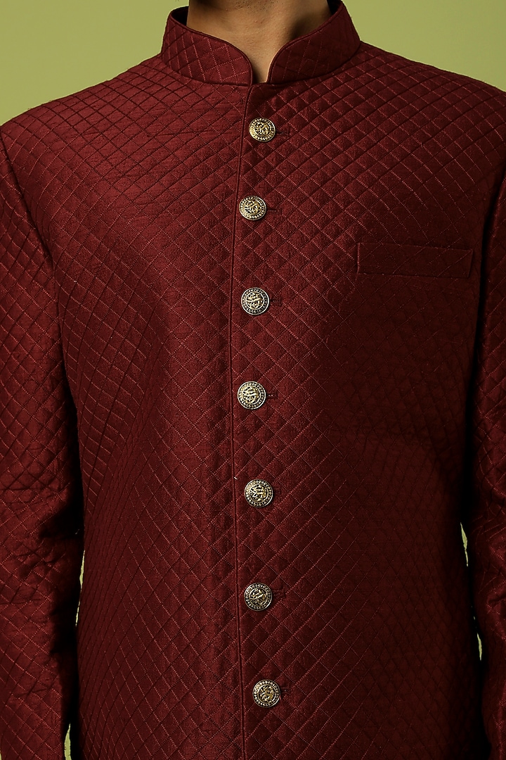 Wine Raw Silk Quilted Wedding Sherwani Set by Vanshik at Pernia's Pop Up Shop