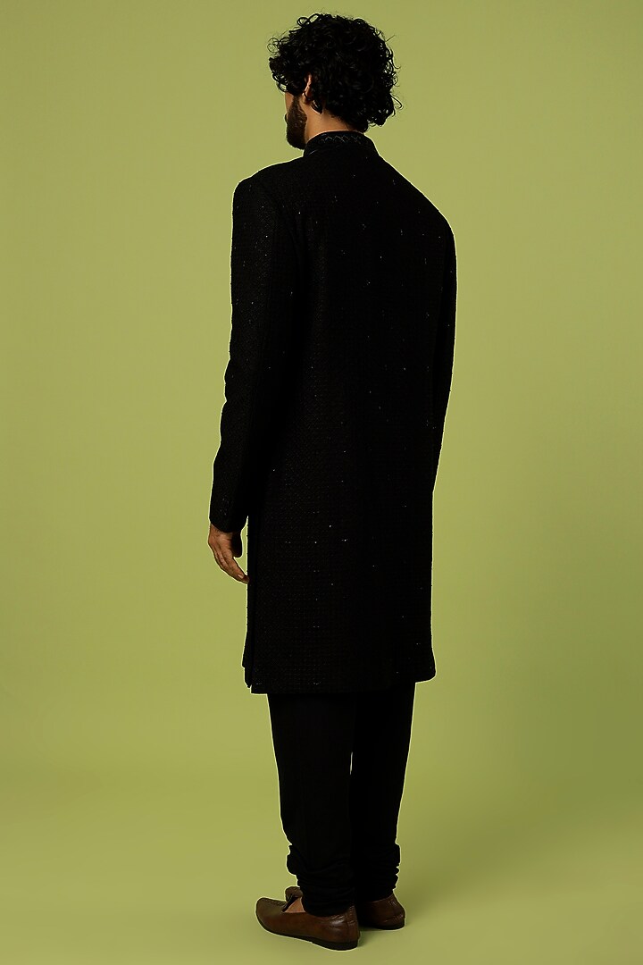 Black Silk Embroidered Groom Sherwani Set by Vanshik at Pernia's Pop Up Shop
