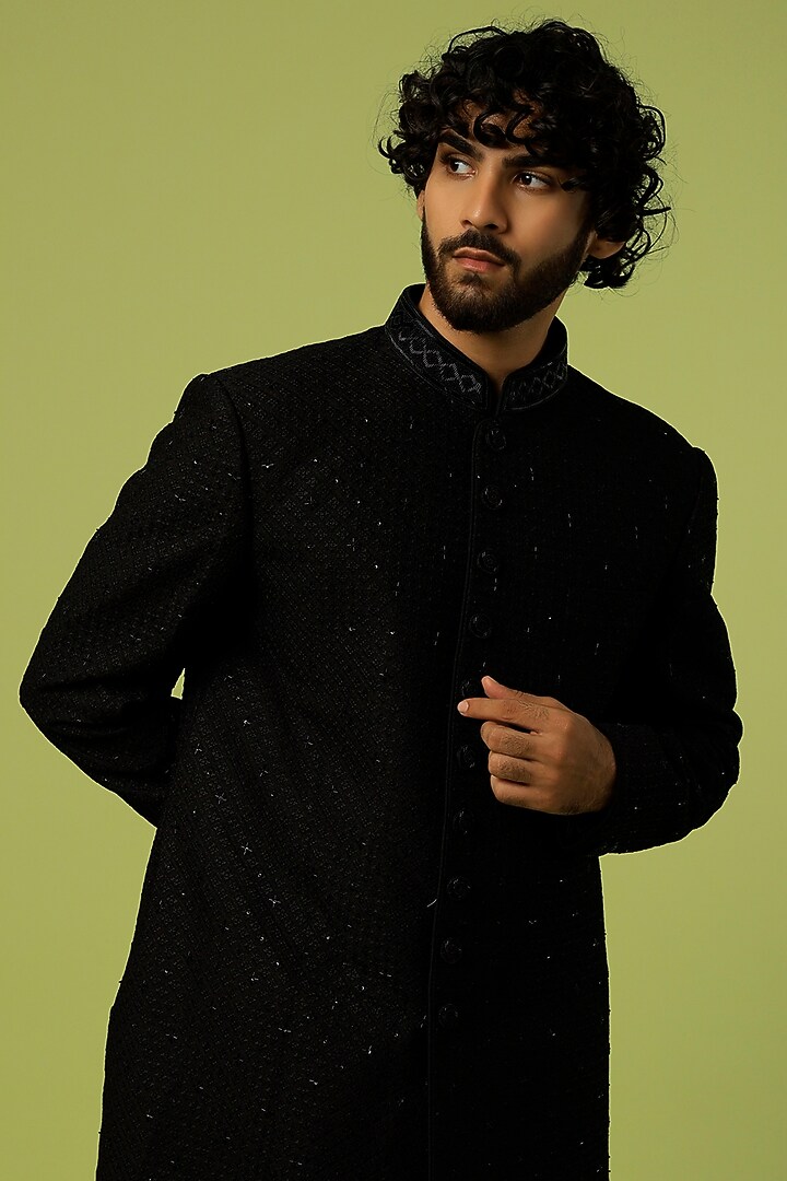 Black Silk Embroidered Groom Sherwani Set by Vanshik at Pernia's Pop Up Shop