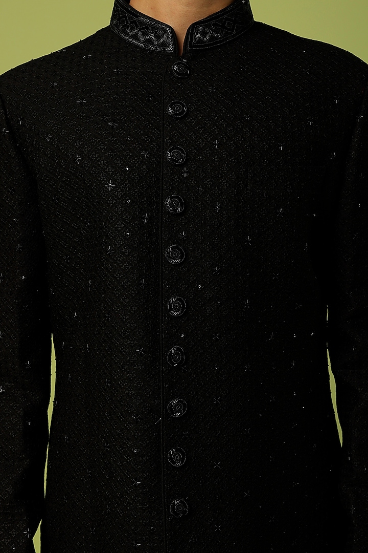 Black Silk Embroidered Groom Sherwani Set by Vanshik at Pernia's Pop Up Shop