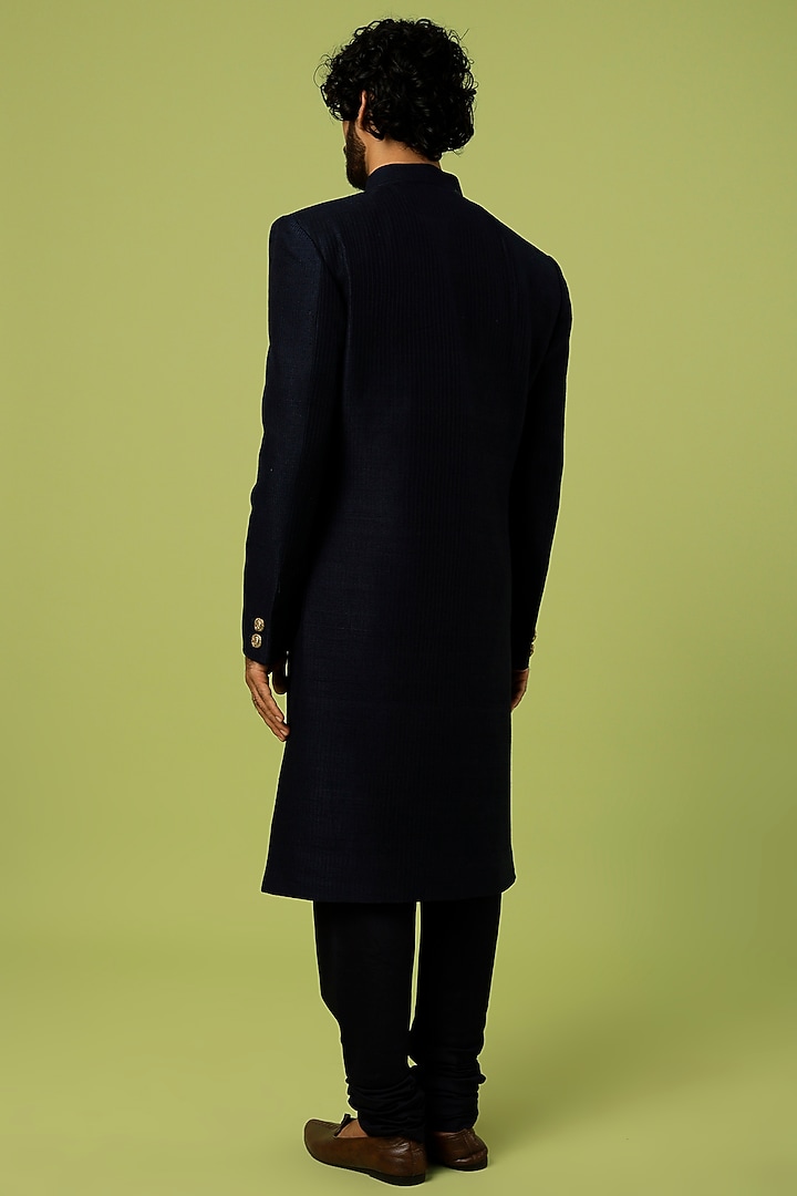 Blue Raw Silk Textured Wedding Sherwani Set by Vanshik at Pernia's Pop Up Shop